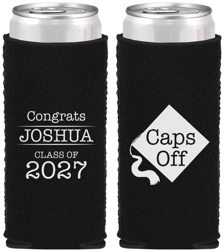 Custom Graduation Neoprene Slim Can Coolers - Class Of 2027 Caps Off | 130045