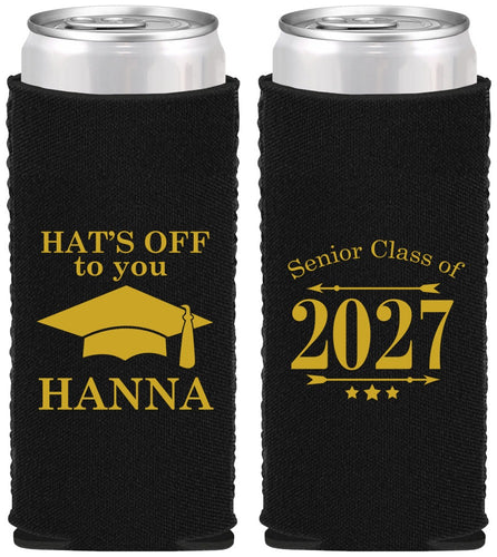 Custom Graduation Neoprene Slim Can Coolers - Class Of 2027 Hats Off | 130049