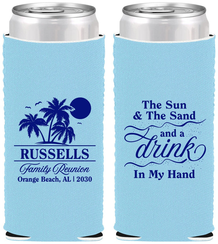 Custom Family Reunion Neoprene Slim Can Coolers - Sun Sand Drink Beach | 160015