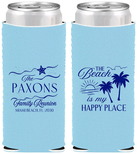 Custom Family Reunion Neoprene Slim Can Coolers - Beach Is My Happy Place | 160016