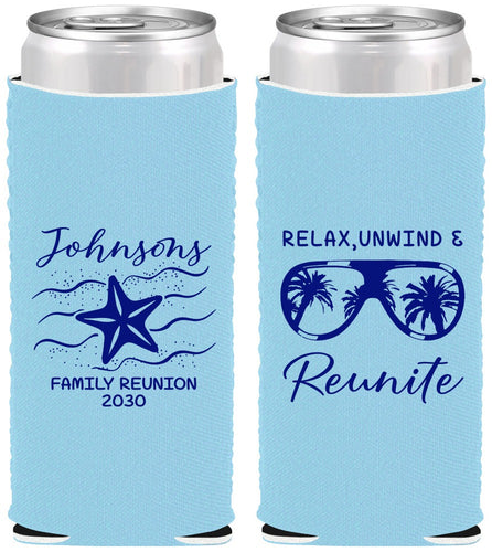 Custom Family Reunion Neoprene Slim Can Coolers - Relax Unwind Reunite | 160019