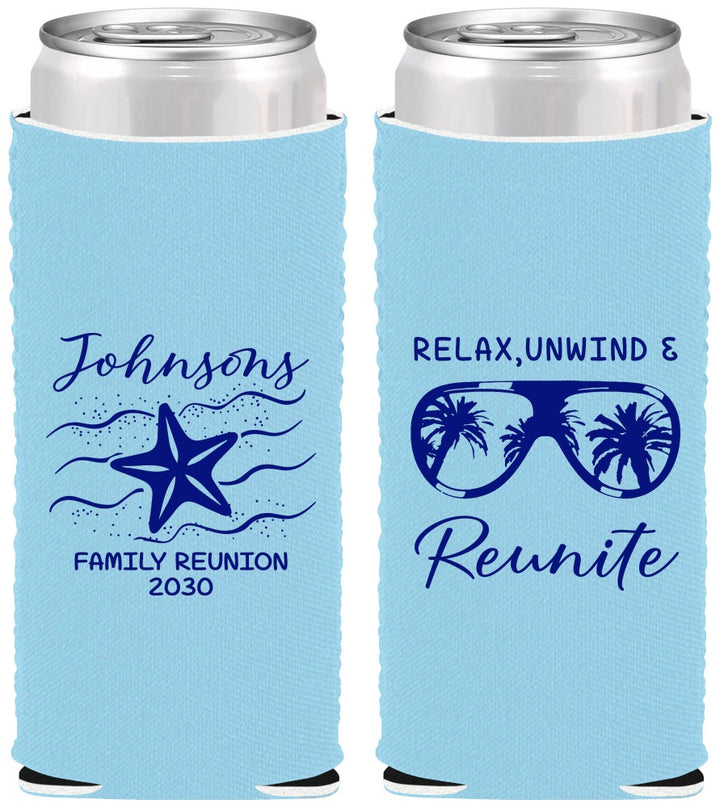 Custom Family Reunion Neoprene Slim Can Coolers - Relax Unwind Reunite | 160019