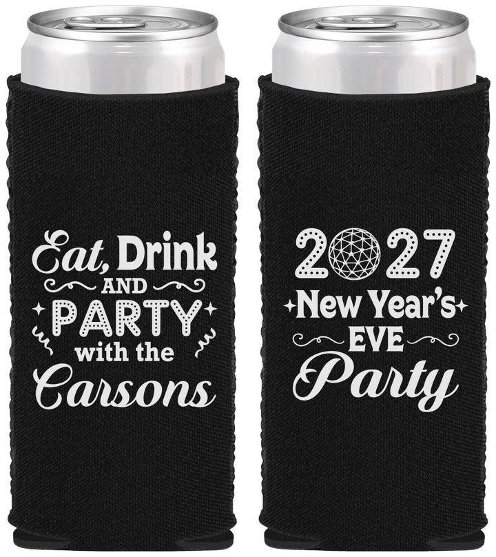 Custom New Years Neoprene Slim Can Coolers - 2027 Eat Drink Party | 170022