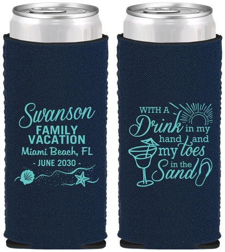Custom Family Vacation Neoprene Slim Can Coolers - Beach Toes In The Sand | 180000