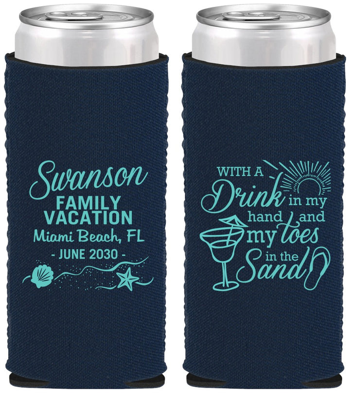 Custom Family Vacation Neoprene Slim Can Coolers - Beach Toes In The Sand | 180000