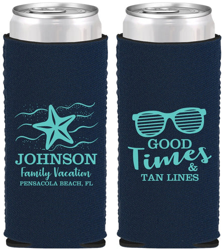 Custom Family Vacation Neoprene Slim Can Coolers - Good Times Tan Lines | 180003