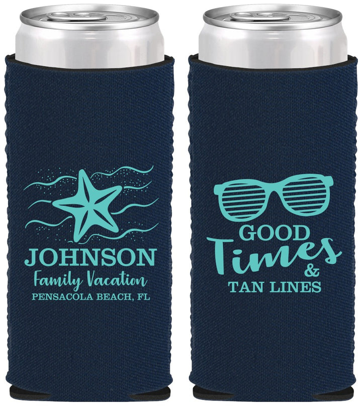 Custom Family Vacation Neoprene Slim Can Coolers - Good Times Tan Lines | 180003