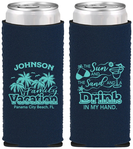 Custom Family Vacation Neoprene Slim Can Coolers - Sun And Sand Beach | 180007