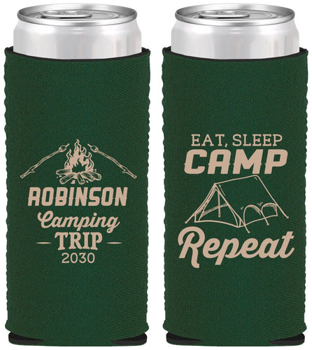 Custom Family Vacation Neoprene Slim Can Coolers - Eat Sleep Camp Repeat | 180014