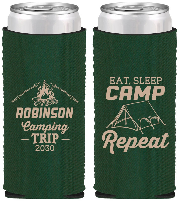Custom Family Vacation Neoprene Slim Can Coolers - Eat Sleep Camp Repeat | 180014