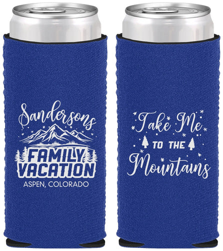 Custom Family Vacation Neoprene Slim Can Coolers - Ski Trip Peaks | 180023