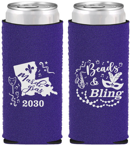 Custom Mardi Gras Neoprene Slim Can Coolers - Beads And Bling | 190002