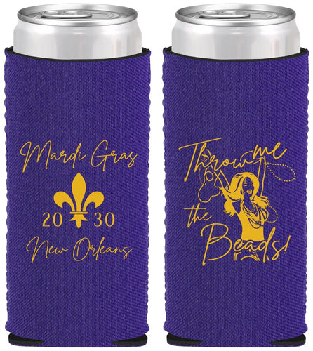 Custom Mardi Gras Neoprene Slim Can Coolers - Throw Me The Beads | 190008