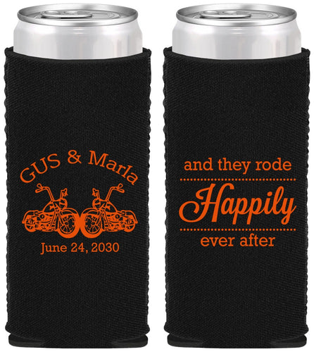 Custom Wedding Neoprene Slim Can Coolers - Happily Ever After Motorcycle | 200