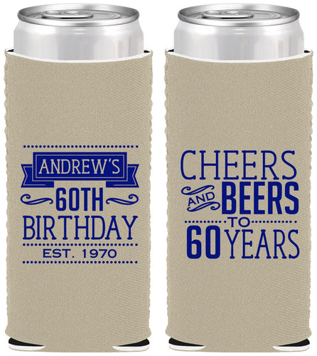 Custom Birthday Neoprene Slim Can Coolers - Cheers Beers To 60 Years | 20001