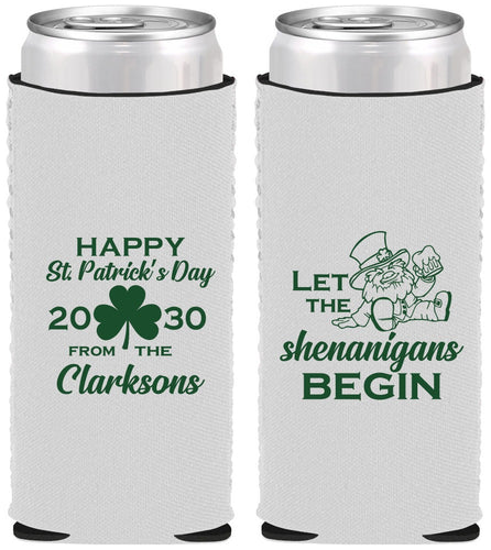 Custom St Patricks Day Neoprene Slim Can Coolers - Shenanigans Leprechaun | 200011