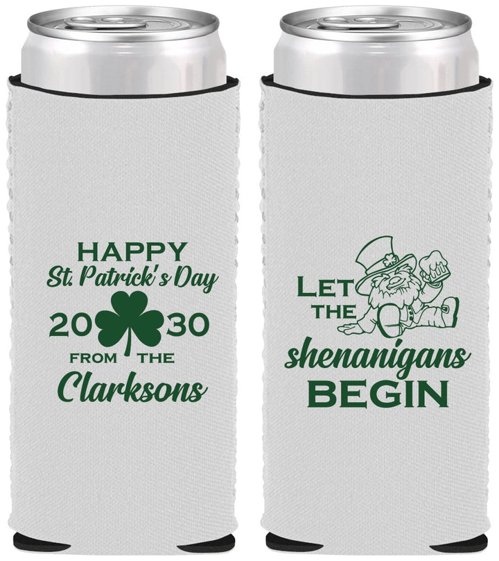 Custom St Patricks Day Neoprene Slim Can Coolers - Shenanigans Leprechaun | 200011