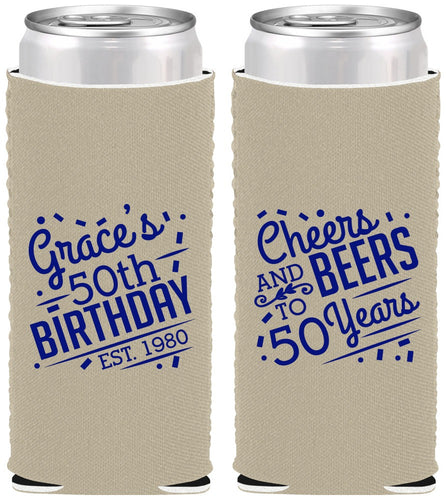 Custom Birthday Neoprene Slim Can Coolers - Cheers Beers To 50 Years | 20003
