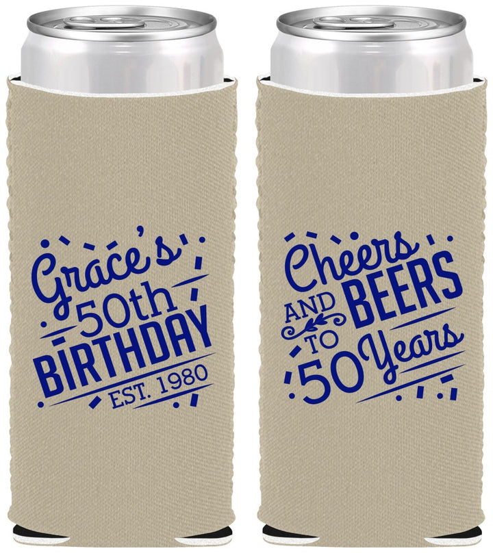 Custom Birthday Neoprene Slim Can Coolers - Cheers Beers To 50 Years | 20003