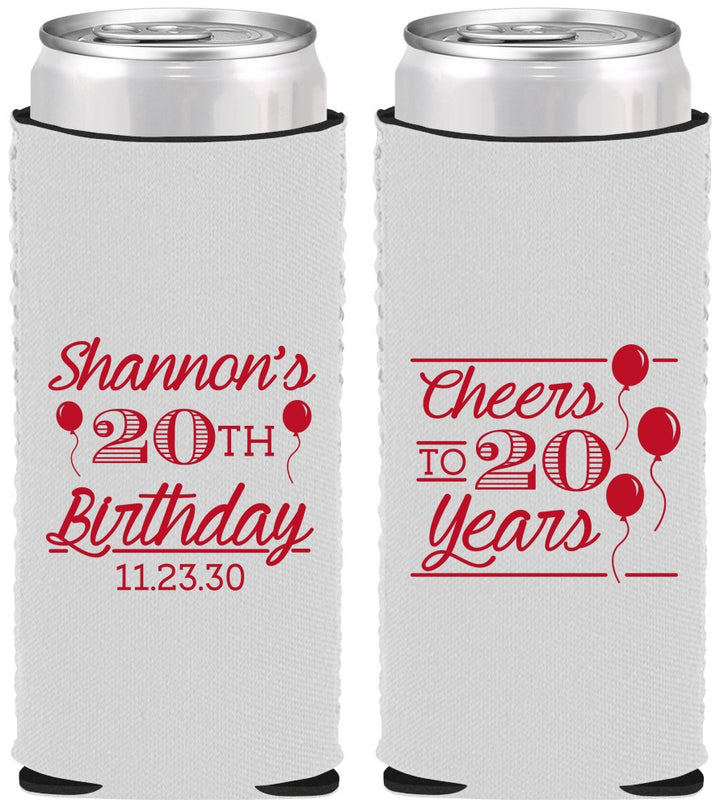 Custom Birthday Neoprene Slim Can Coolers - Cheers To 20 Years | 20004