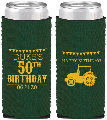 Custom Birthday Neoprene Slim Can Coolers - 50th Tractor | 20005