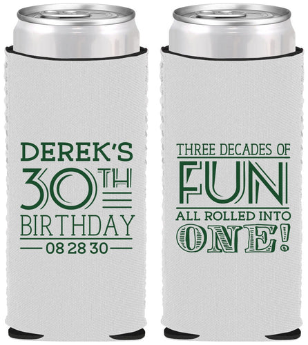 Custom Birthday Neoprene Slim Can Coolers - 30th Three Decades Of Fun | 20020