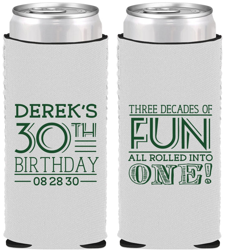 Custom Birthday Neoprene Slim Can Coolers - 30th Three Decades Of Fun | 20020