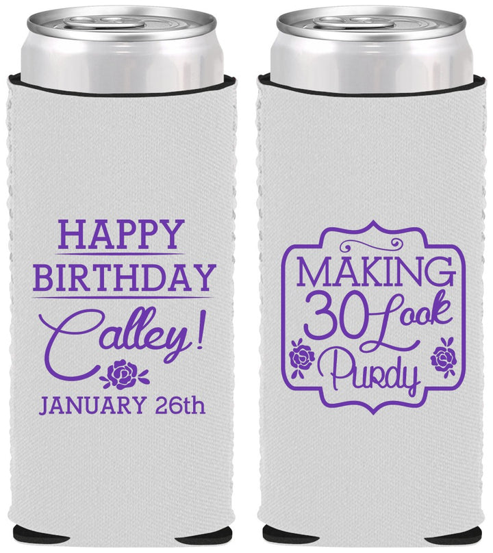 Custom Birthday Neoprene Slim Can Coolers - 30 Look Purdy | 20022