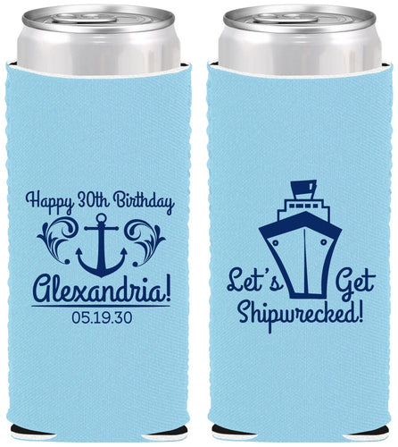 Custom Birthday Neoprene Slim Can Coolers - 30th Shipwrecked | 20026