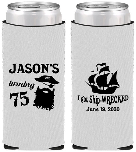 Custom Birthday Neoprene Slim Can Coolers - 75th Shipwrecked | 20029