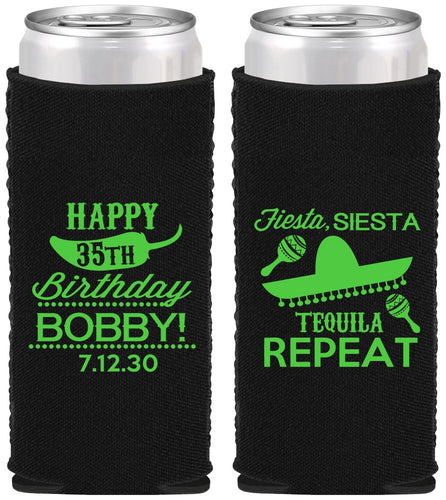 Custom Birthday Neoprene Slim Can Coolers - 35th Fiesta Siesta Tequila | 20031
