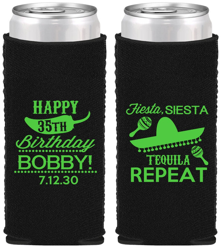 Custom Birthday Neoprene Slim Can Coolers - 35th Fiesta Siesta Tequila | 20031