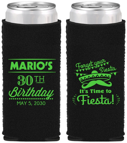 Custom Birthday Neoprene Slim Can Coolers - 30th Fiesta | 20034