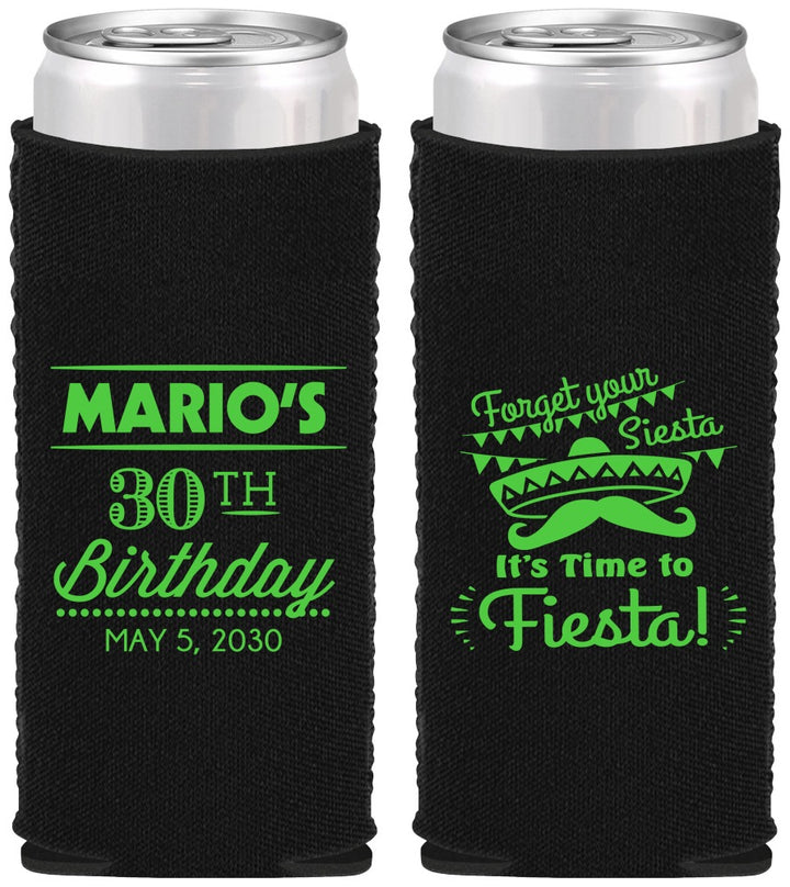Custom Birthday Neoprene Slim Can Coolers - 30th Fiesta | 20034
