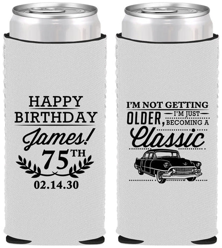 Custom Birthday Neoprene Slim Can Coolers - 75th Classic Car | 20055