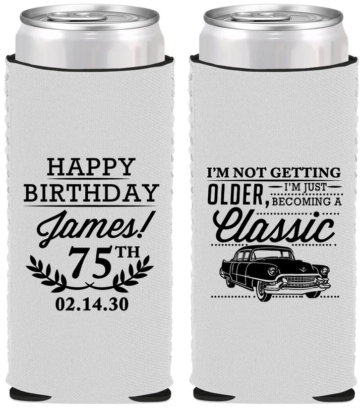 Custom Birthday Neoprene Slim Can Coolers - 75th Classic Car | 20055