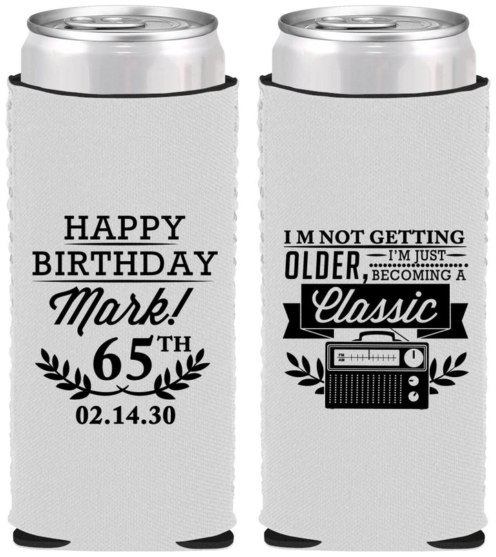 Custom Birthday Neoprene Slim Can Coolers - 65th Classic Radio | 20056