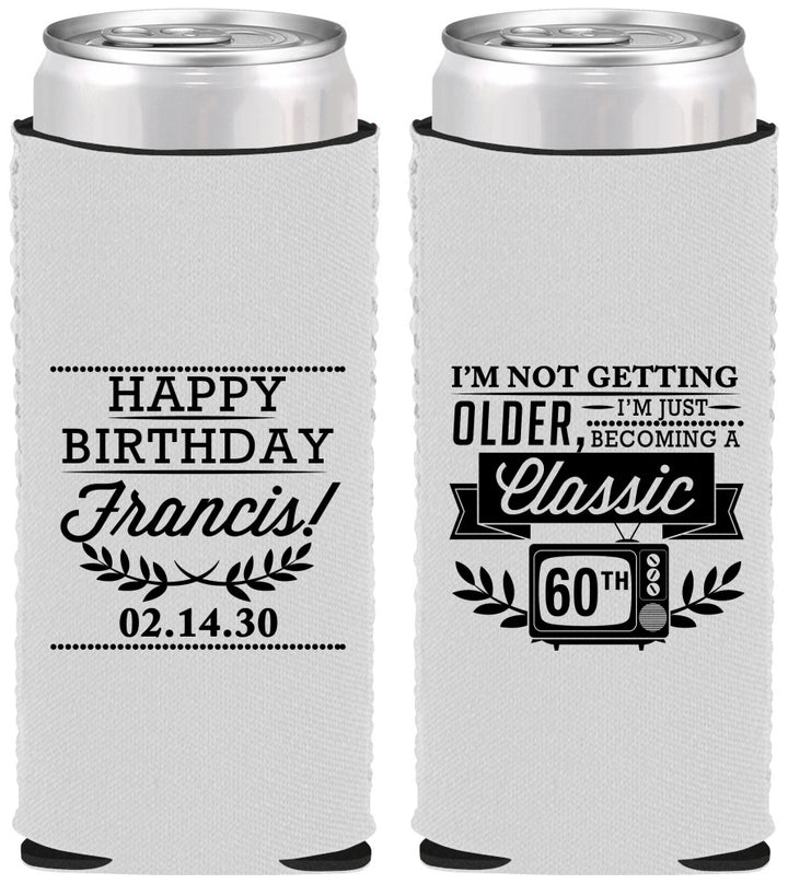 Custom Birthday Neoprene Slim Can Coolers - 60th Classic Tv | 20057
