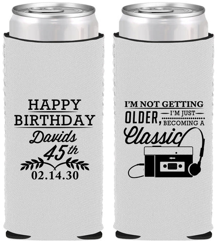 Custom Birthday Neoprene Slim Can Coolers - 45th Cassette Tape | 20059