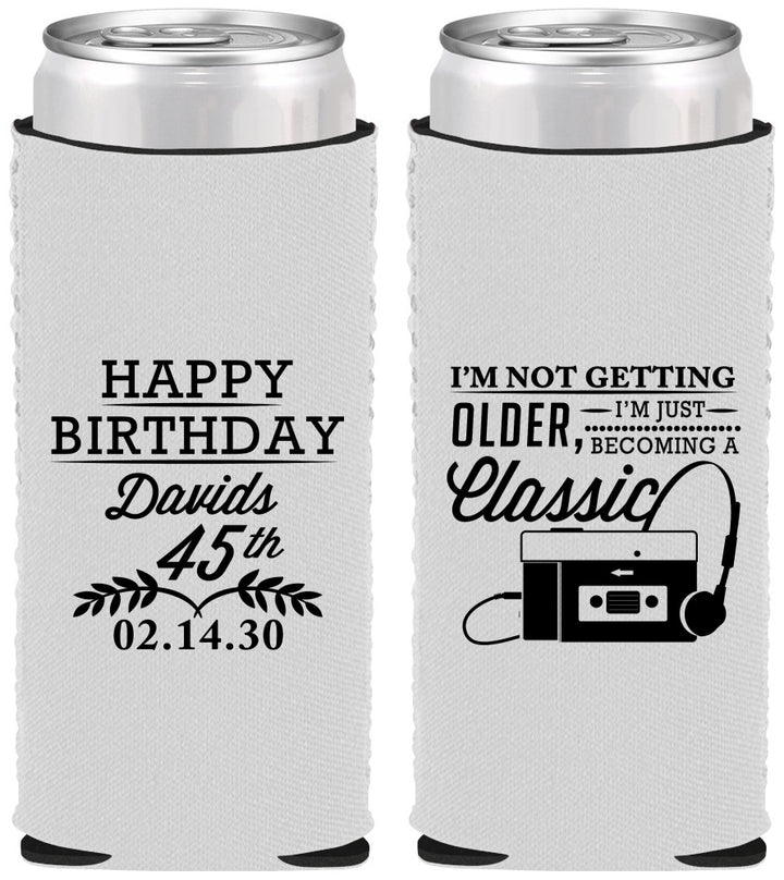 Custom Birthday Neoprene Slim Can Coolers - 45th Cassette Tape | 20059