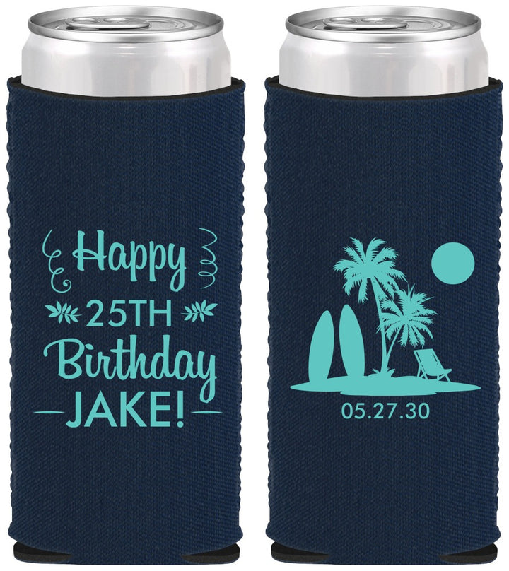 Custom Birthday Neoprene Slim Can Coolers - 25th Beach | 20079