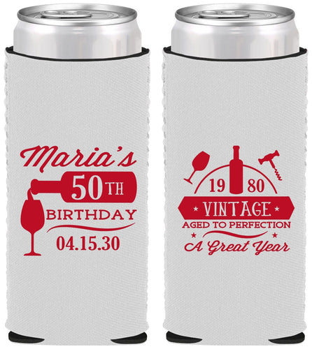 Custom Birthday Neoprene Slim Can Coolers - 50th Wine | 20098