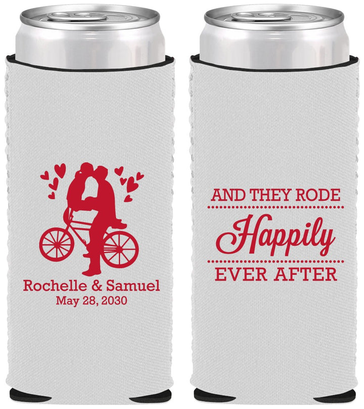 Custom Wedding Neoprene Slim Can Coolers - Happily Ever After Bicycle | 201