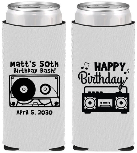 Custom Birthday Neoprene Slim Can Coolers - 50th Cassette Tape | 20117