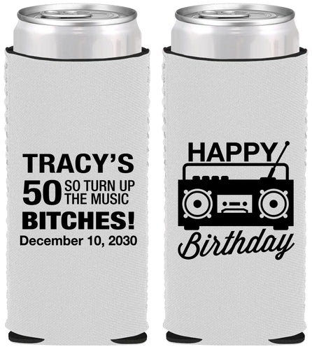 Custom Birthday Neoprene Slim Can Coolers - 50th Cassette Tape | 20118