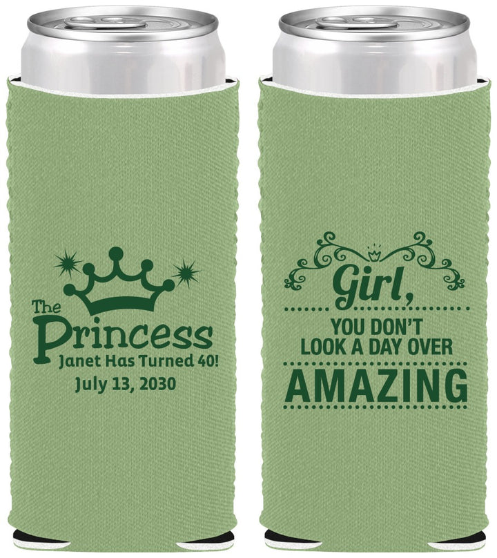 Custom Birthday Neoprene Slim Can Coolers - 40th Princess | 20152