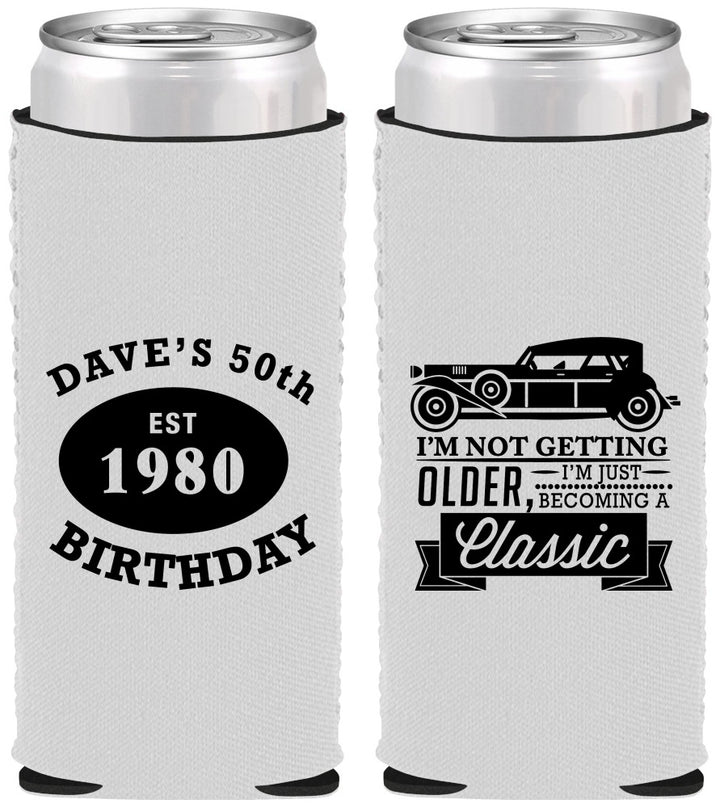 Custom Birthday Neoprene Slim Can Coolers - 50th Classic Car | 20156