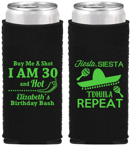 Custom Birthday Neoprene Slim Can Coolers - 30th Fiesta Siesta Tequila | 20177