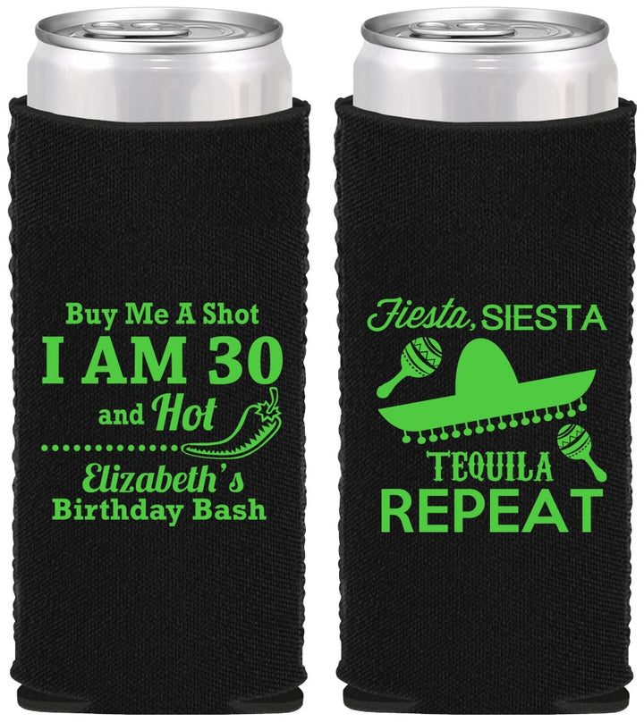 Custom Birthday Neoprene Slim Can Coolers - 30th Fiesta Siesta Tequila | 20177