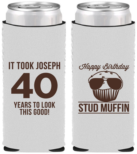 Custom Birthday Neoprene Slim Can Coolers - 40th Stud Muffin | 20183